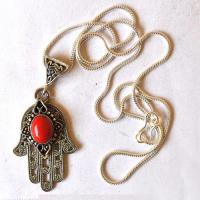 Bjb 002 pendentif pendant chaine hamsa fatima 40mm corail argent 1 