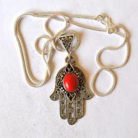 Bjb 002 pendentif pendant chaine hamsa fatima 40mm corail argent 2 