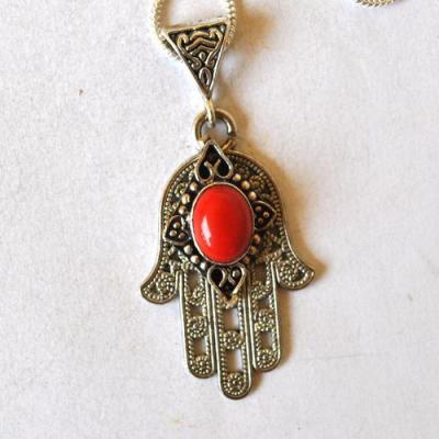 Bjb 002 pendentif pendant chaine hamsa fatima 40mm corail argent 5 