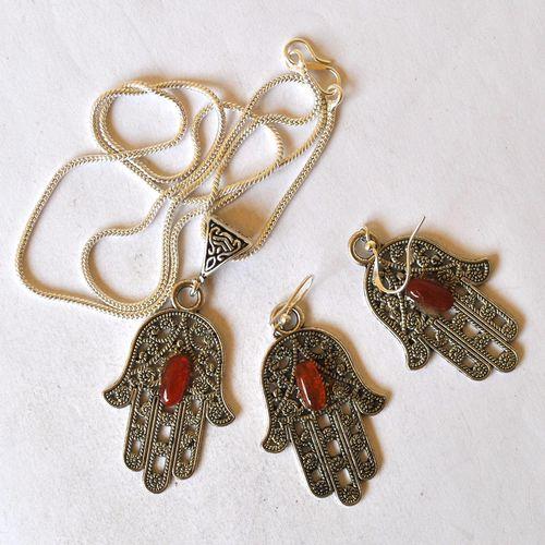 Bjb 005 boucles oreilles orientales berberes cornaline hamsa khamse fatima 4