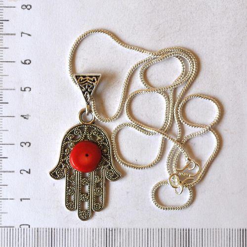 Bjb 010 pendentif pendant chaine hamsa khamsa berbere corail argent 1 
