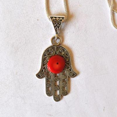 Bjb 010 pendentif pendant chaine hamsa khamsa berbere corail argent 2