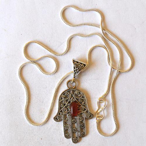 Bjb 012 pendentif pendant chaine cormaline hamsa khamsa main fatima argent 1 
