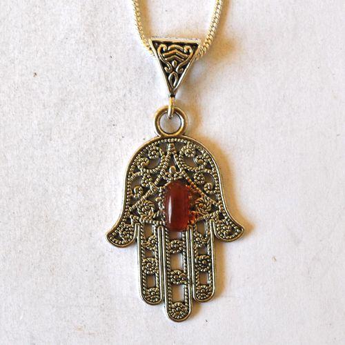 Bjb 012 pendentif pendant chaine cormaline hamsa khamsa main fatima argent 2