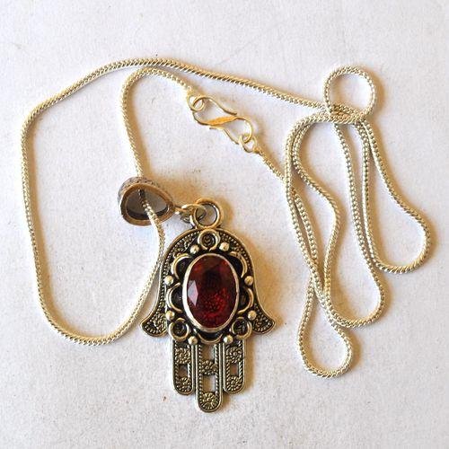Bjb 013 pendentif pendant chaine grenat 10x15 hamsa khamsa main fatima argent 1