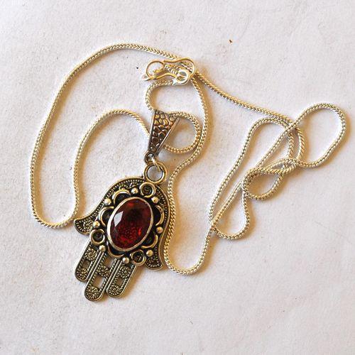 Bjb 013 pendentif pendant chaine grenat 10x15 hamsa khamsa main fatima argent 4