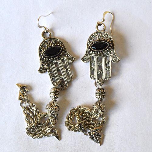 Bjb 017 boucles oreilles pendants 120mm hamsa main fatima oeil onyx berberes kabyle 2