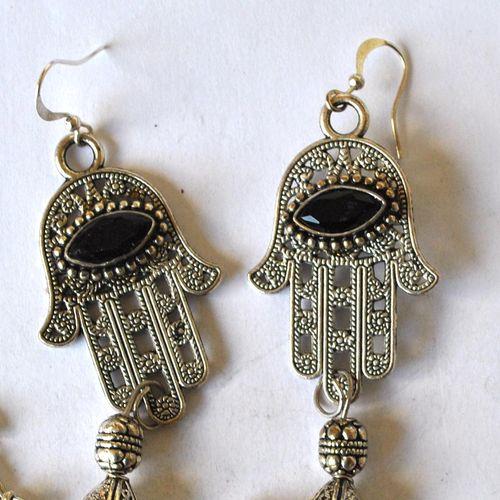 Bjb 017 boucles oreilles pendants 120mm hamsa main fatima oeil onyx berberes kabyle 3