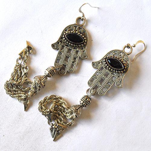 Bjb 017 boucles oreilles pendants 120mm hamsa main fatima oeil onyx berberes kabyle 4