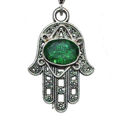 Bjb 022 pendentif pendant berbere kabyle hamsa main fatima quartz vert 10x15mm argent 1 jpg