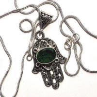 Bjb 023 pendentif chaine 15gr berbere kabyle hamsa main fatima quartz vert 10x15mm argent 3 