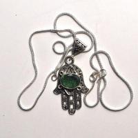 Bjb 023 pendentif chaine 15gr berbere kabyle hamsa main fatima quartz vert 10x15mm argent 5 