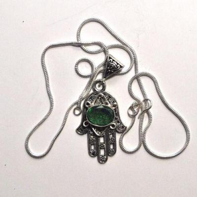 Bjb 023 pendentif chaine 15gr berbere kabyle hamsa main fatima quartz vert 10x15mm argent 1 