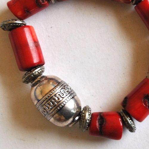 Bjb 036 bracelet berbere kabyle elastique 45gr perles corail 12x15mm 19x28mm argent ethnique 2 