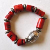 Bjb 036 bracelet berbere kabyle elastique 45gr perles corail 12x15mm 19x28mm argent ethnique 6 