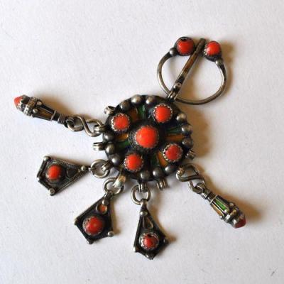 Bjb 037 fibule broche beni yenni berbere kabyle 10cm 75gr perles corail 8mm pendants argent ethnique 1 