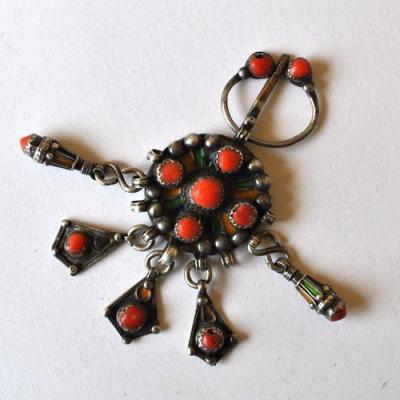 Bjb 037 fibule broche beni yenni berbere kabyle 10cm 75gr perles corail 8mm pendants argent ethnique 1