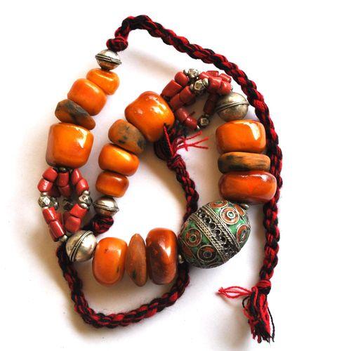 Bjb 045 collier beni yenni berbere kabyle 90 40cm 198gr perle emaillee 33x42mm ambre 20x28mml argent 7