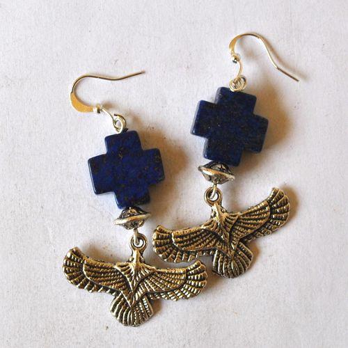 Bje 014 boucles oreilles egyptienne orientales lapis lazuli faucon horus 50mm 12gr argent 1