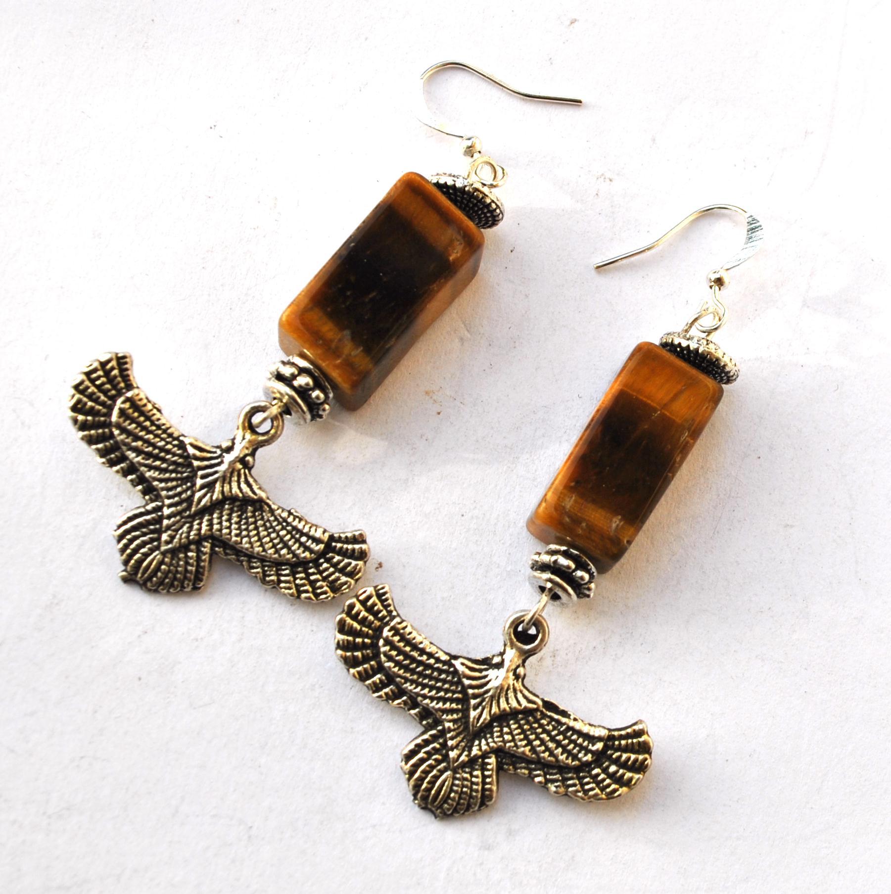 Bje 044 boucles oreilles egyptiennes 60mm oeil de tigre 10x20mm faucon horus argent 3