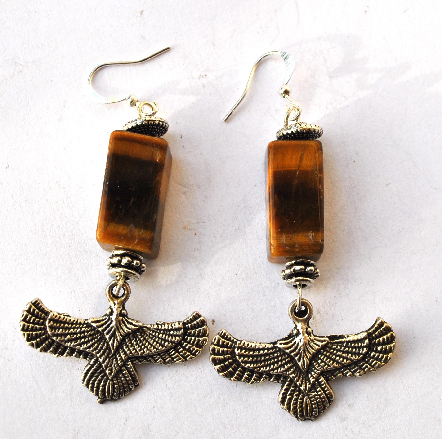 Bje 044 boucles oreilles egyptiennes 60mm oeil de tigre 10x20mm faucon horus argent 4