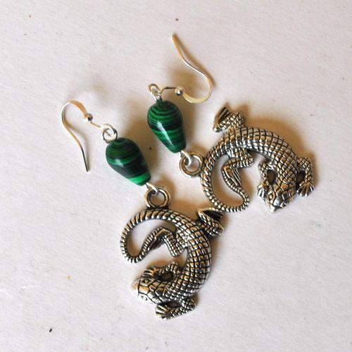 Bje 069 boucles oreilles lezard egyptienne malachite 60mm 11gr 2