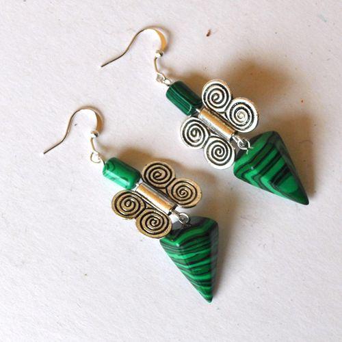 Bje 074 boucles oreilles pyramide egyptienne malachite 70mm 14x22mm 10gr 4