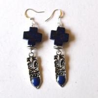 Bma 001 boucles pendants oreilles lapis lazuli croix fleur de lys 2 