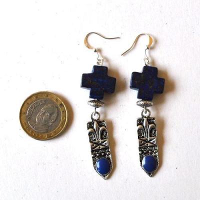Bma 001 boucles pendants oreilles lapis lazuli croix fleur de lys 1 