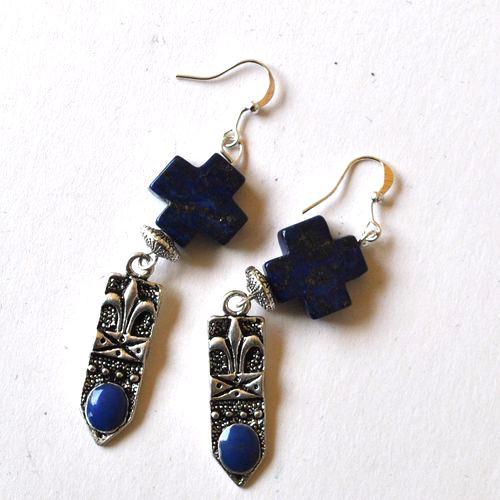 Bma 001 boucles pendants oreilles lapis lazuli croix fleur de lys 4 