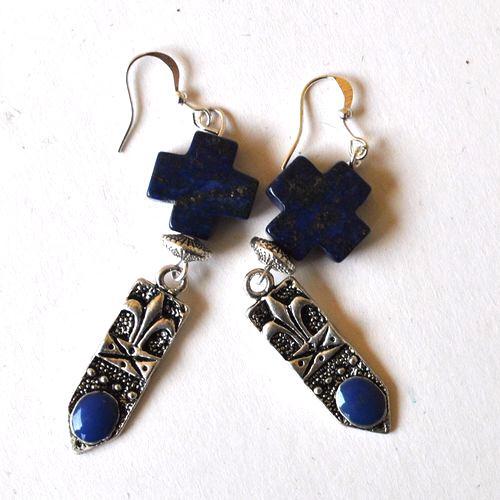 Bma 001 boucles pendants oreilles lapis lazuli croix fleur de lys 5 