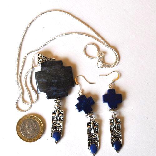 Bma 002 pendentif boucles oreilles chaine croix lapis lazuli fleur lys 2 