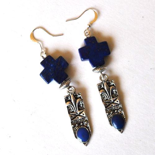 Bma 002 pendentif boucles oreilles chaine croix lapis lazuli fleur lys 3 