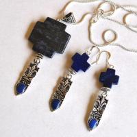 Bma 002 pendentif boucles oreilles chaine croix lapis lazuli fleur lys 5 