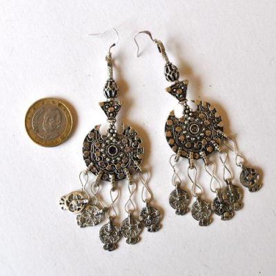 Bty 008 boucles oreilles turkmen yemen 10cm 194gr perles 70x90mm argent ethnique 1 