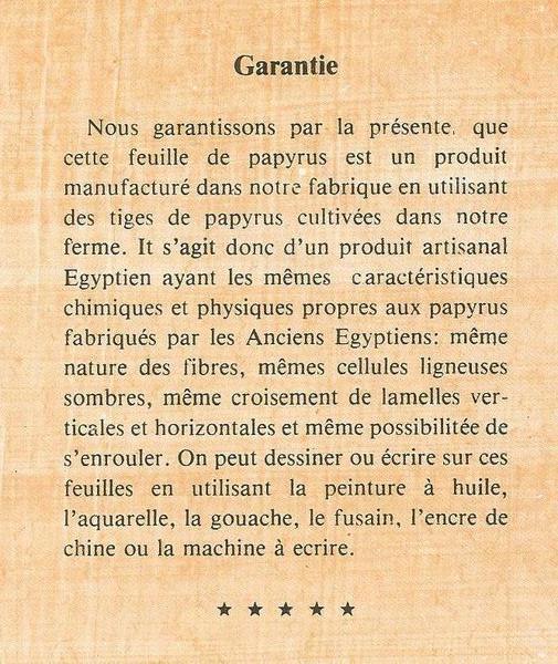 Certificat garantie papyrus fabrication artisanale papyrus traditionnel egypte
