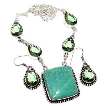Col 001a collier boucles oreilles amazonite aigue marine 25x25mm 30gr bijou argent 925