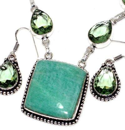 Col 001c collier boucles oreilles amazonite aigue marine 25x25mm 30gr bijou argent 925