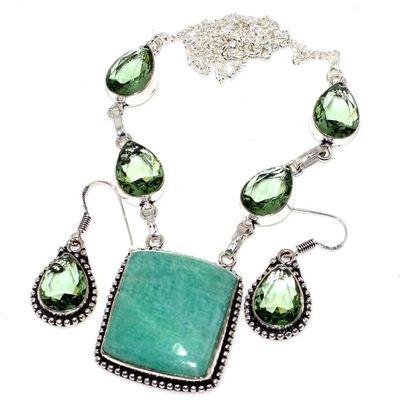 Col 001d collier boucles oreilles amazonite aigue marine 25x25mm 30gr bijou argent 925