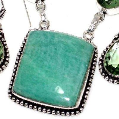 Col 001a collier boucles oreilles amazonite aigue marine 25x25mm 30gr bijou argent 925