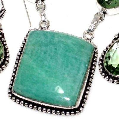 Col 001e collier boucles oreilles amazonite aigue marine 25x25mm 30gr bijou argent 925