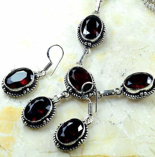 Col 021a collier boucles oreilles grenat 32gr 10x15mm vente bijou ethnique argent 925