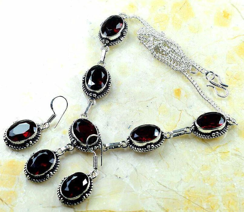 Col 021d collier boucles oreilles grenat 32gr 10x15mm vente bijou ethnique argent 925