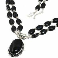 Col 026b collier parure 56gr 2rangs onyx noir pendant 20x32mm bijou art deco gothique argent 925