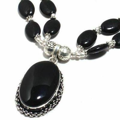 Col 026b collier parure 56gr 2rangs onyx noir pendant 20x32mm bijou art deco gothique argent 925