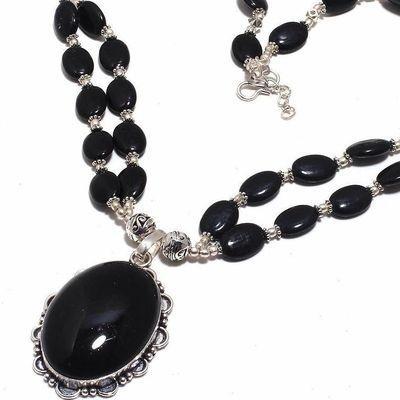 Col 032b collier parure onyx noir 2rangs 49gr pendant 30x40mm bijou 1900 art deco gothique