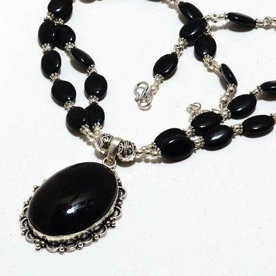 Col 033b collier parure 61gr 2rangs onyx noir pendant 28x40mm bijou art deco gothique argent 925