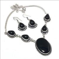 Col 034a collier boucles oreilles 39gr onyx noir 10x15mm bijou art deco gothique argent 925