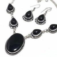 Col 034b collier boucles oreilles 39gr onyx noir 10x15mm bijou art deco gothique argent 925