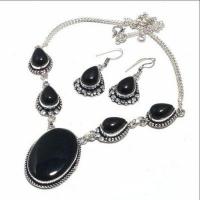 Col 034d collier boucles oreilles 39gr onyx noir 10x15mm bijou art deco gothique argent 925